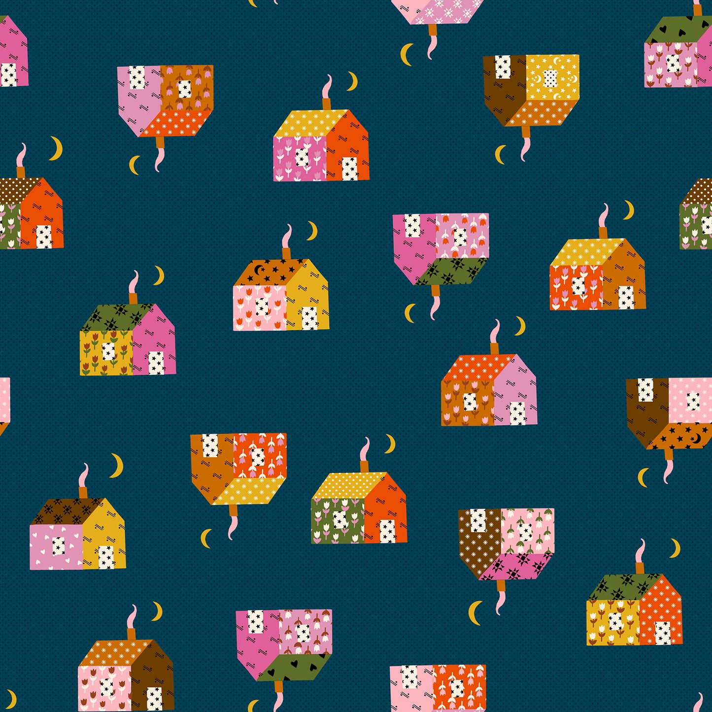 Pattern of colorful houses on a blue background