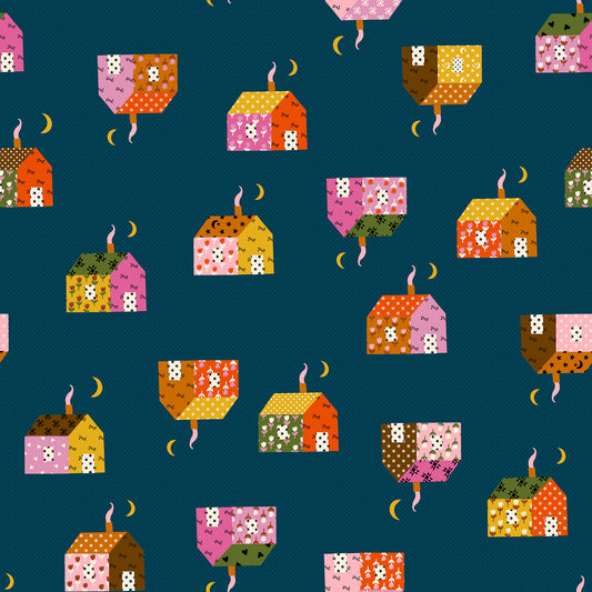 Pattern of colorful houses on a blue background