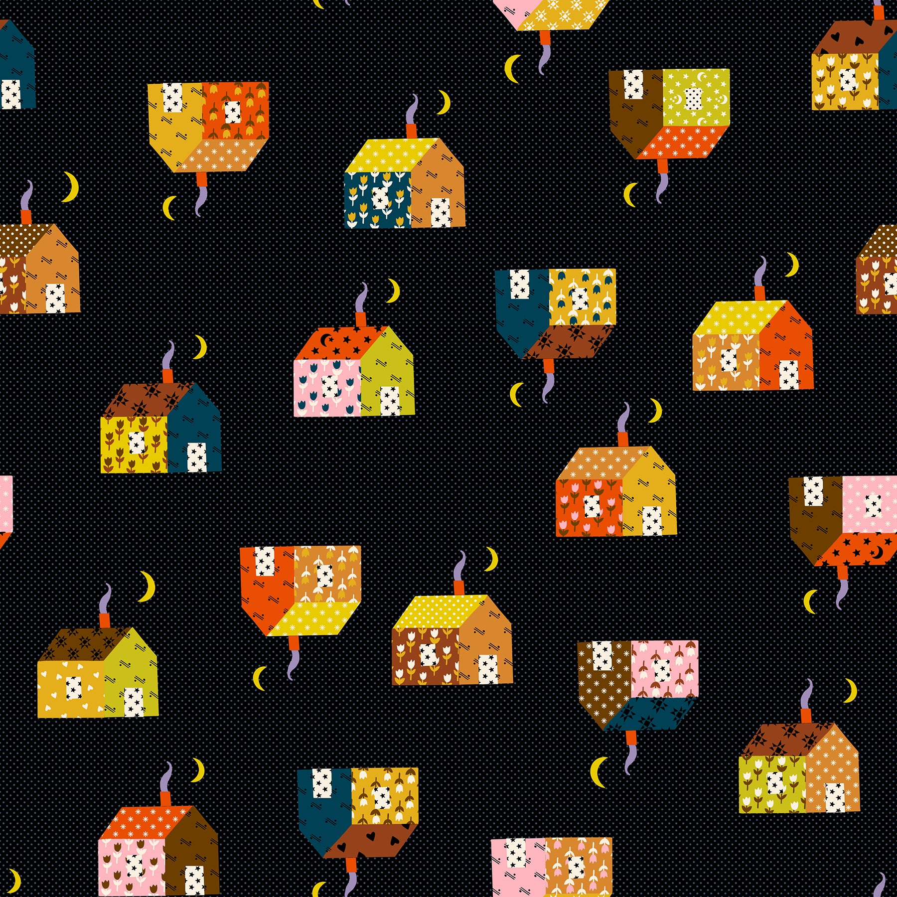 Pattern of colorful houses on a black background