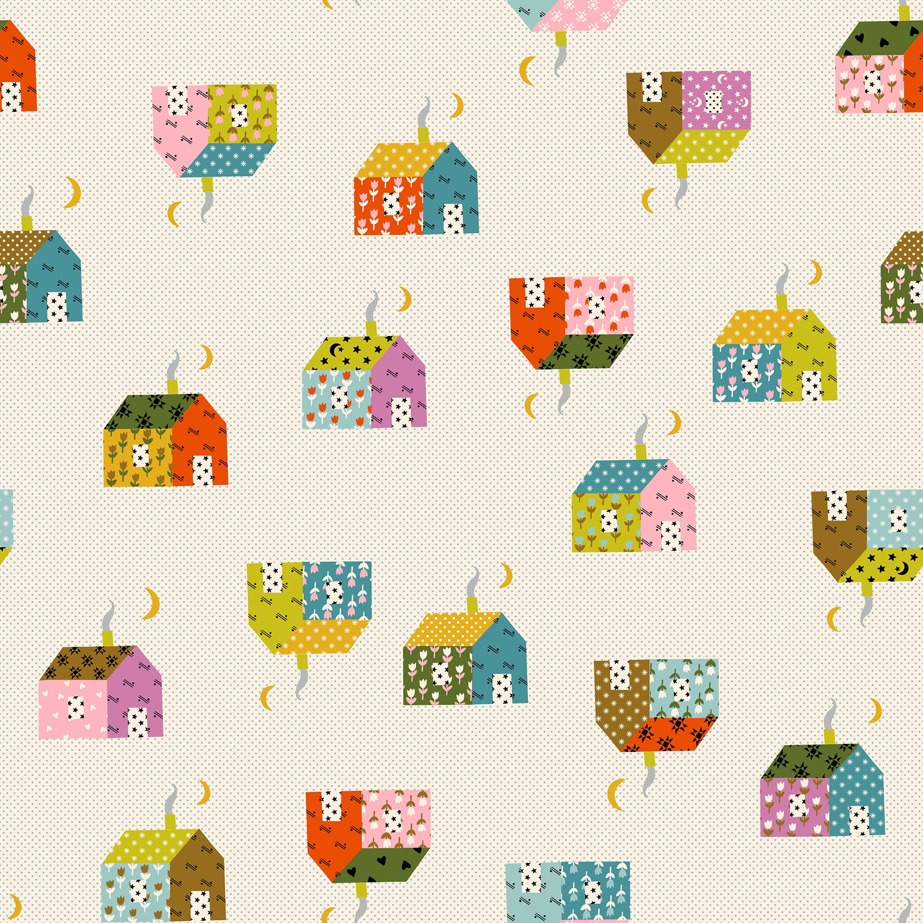 Pattern of colorful houses with decorative elements on a beige background