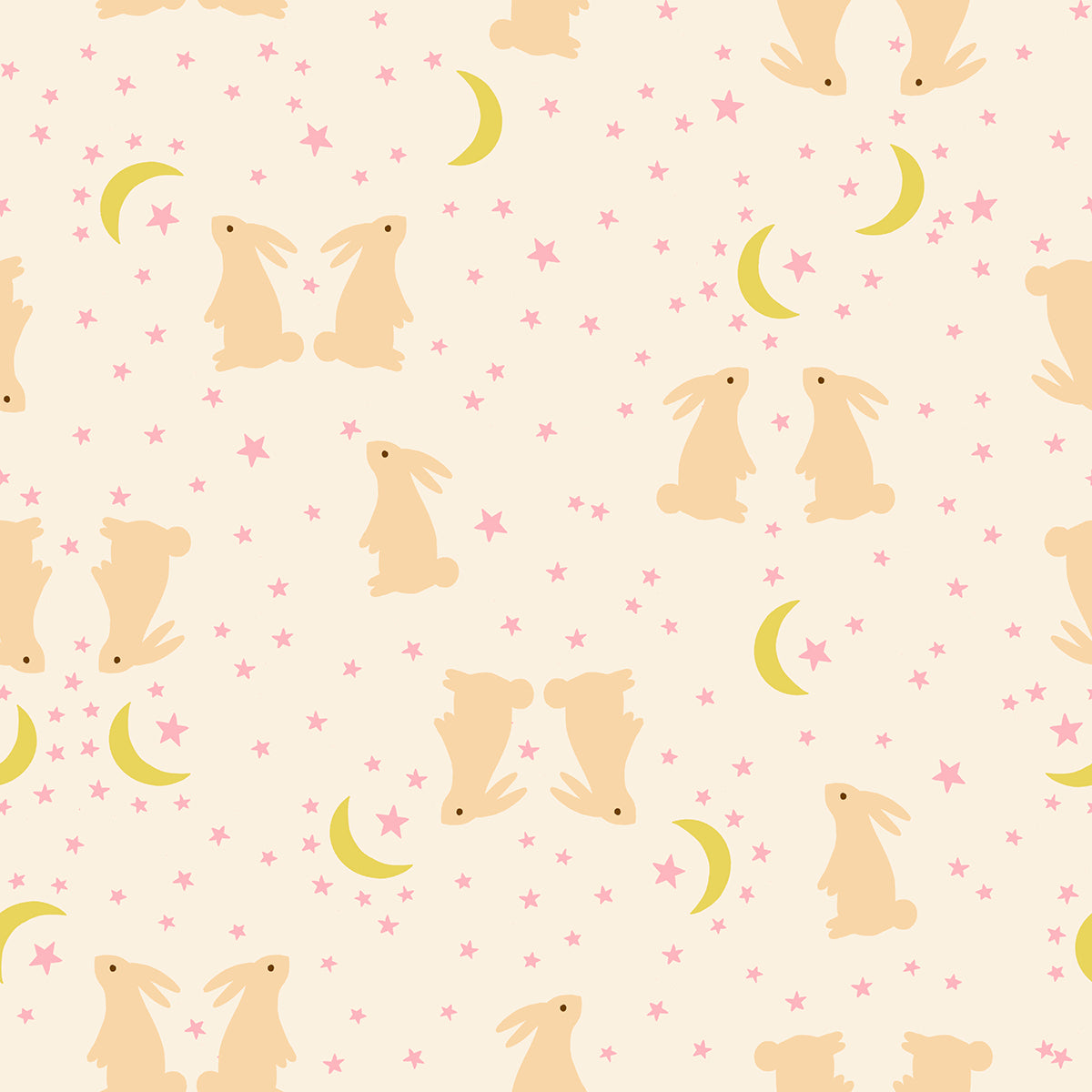 Pattern of beige bunnies, pink stars, and yellow moons on a light pink background