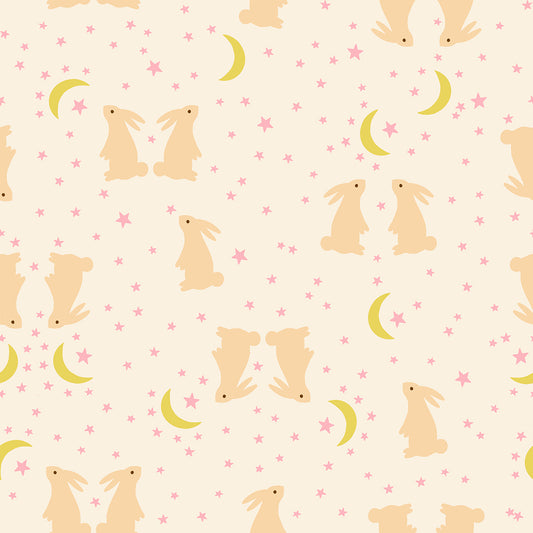 Pattern of beige bunnies, pink stars, and yellow moons on a light pink background
