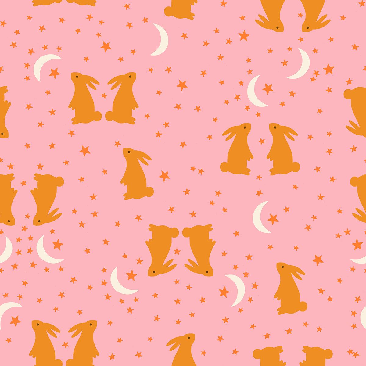 Pattern of orange rabbits and stars on a pink background