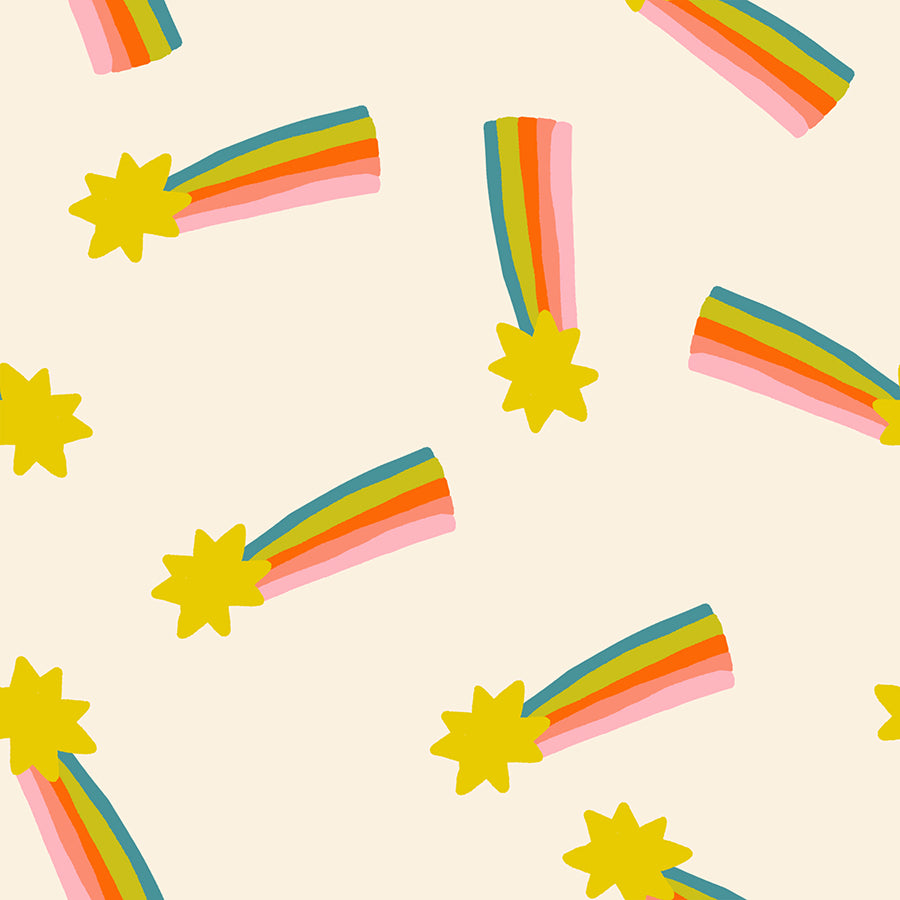 Pattern of colorful rainbows and yellow stars on a beige background
