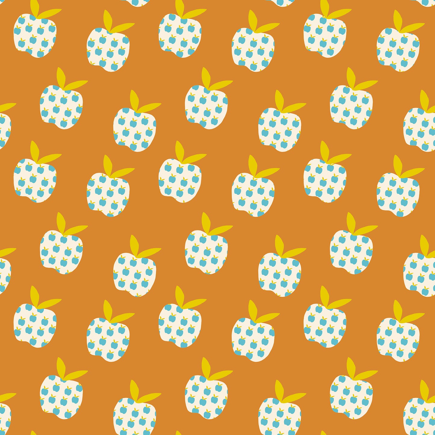 Pattern of blue and white polka dot apples with green leaves on a brown background
