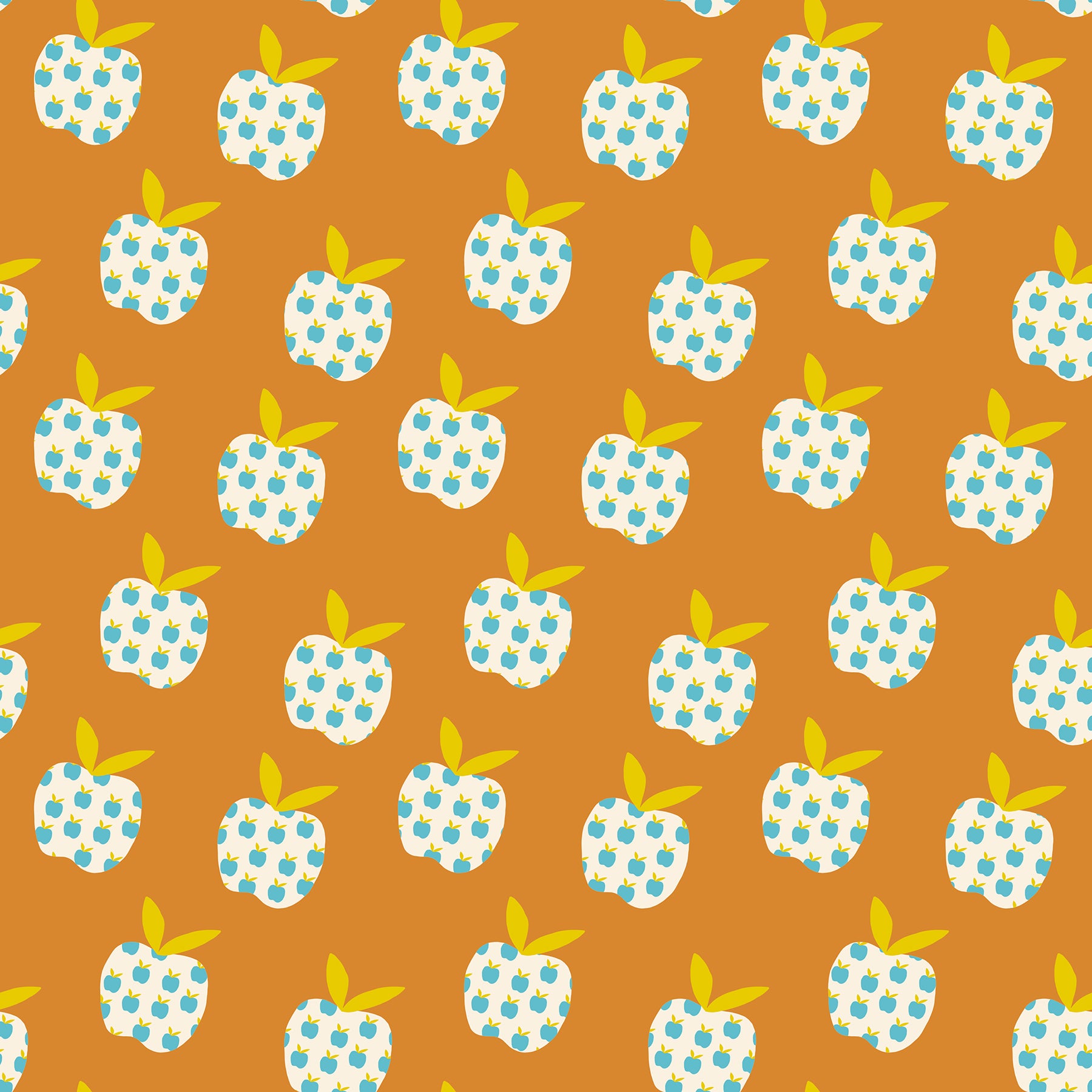 Pattern of blue and white polka dot apples with green leaves on a brown background