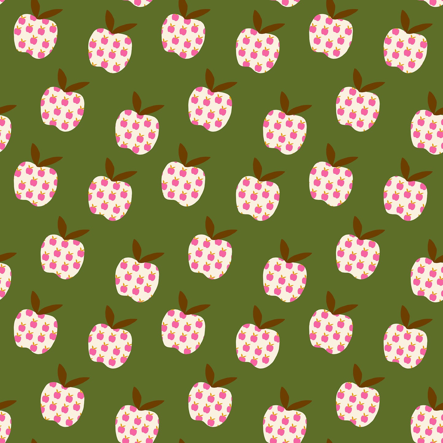 Pattern of pink polka dot apples on a green background