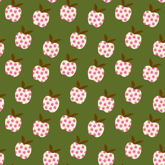 Pattern of pink polka dot apples on a green background