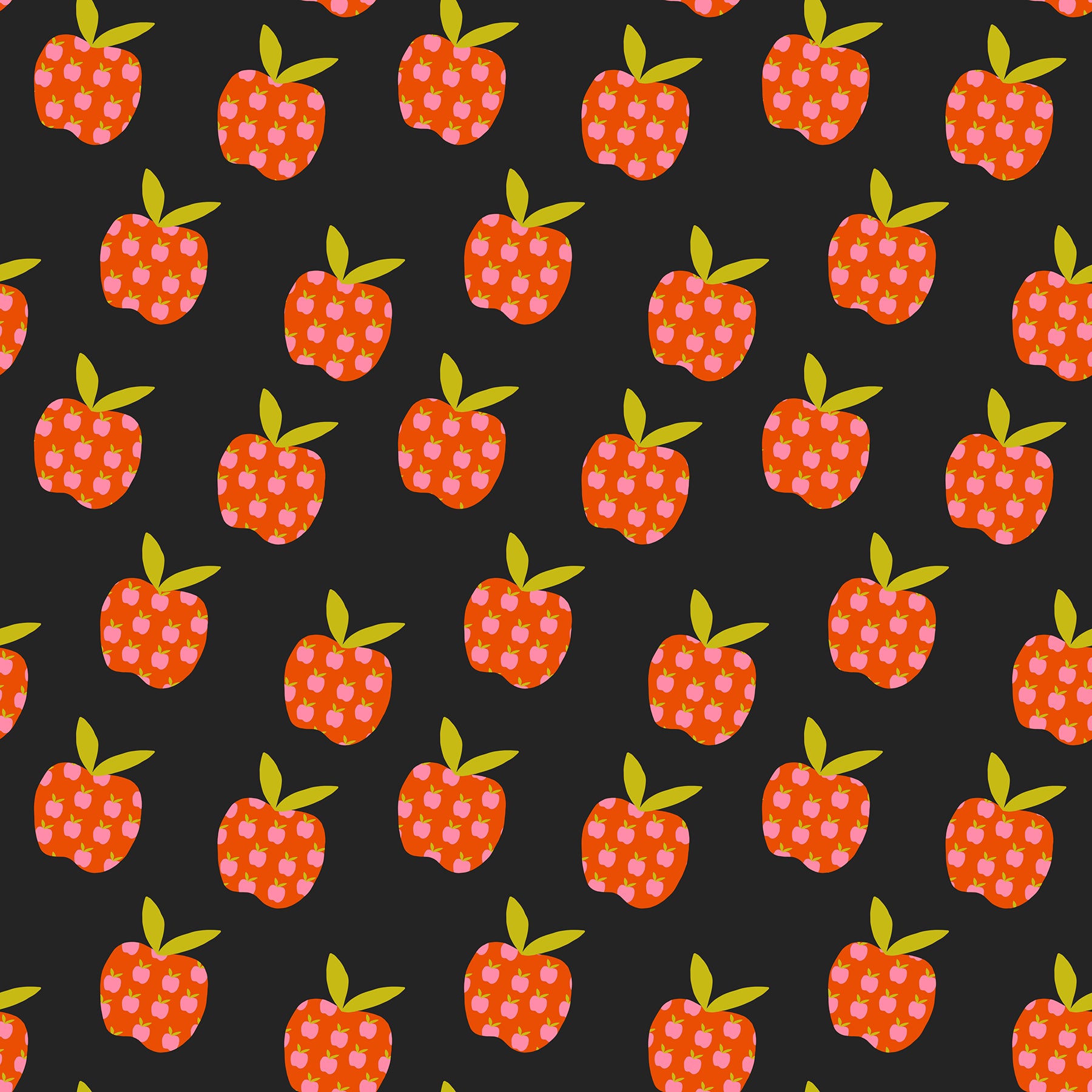 Pattern of red apples with green leaves on a black background