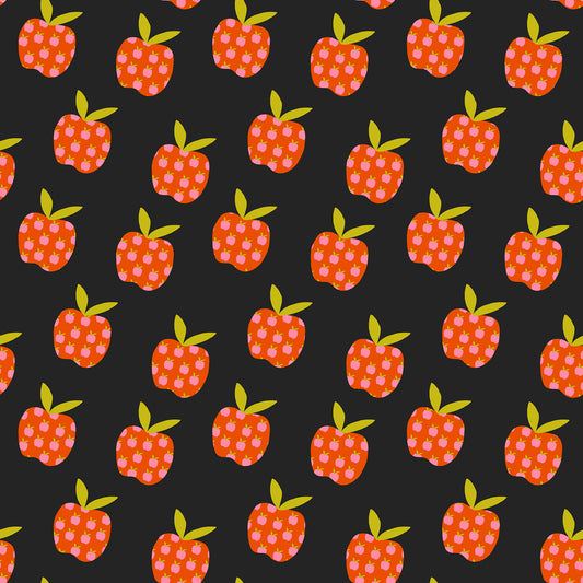 Pattern of red apples with green leaves on a black background