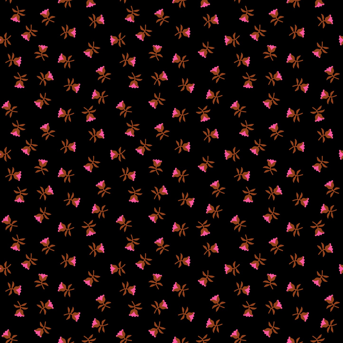 Pattern of pink flowers with brown centers on a black background