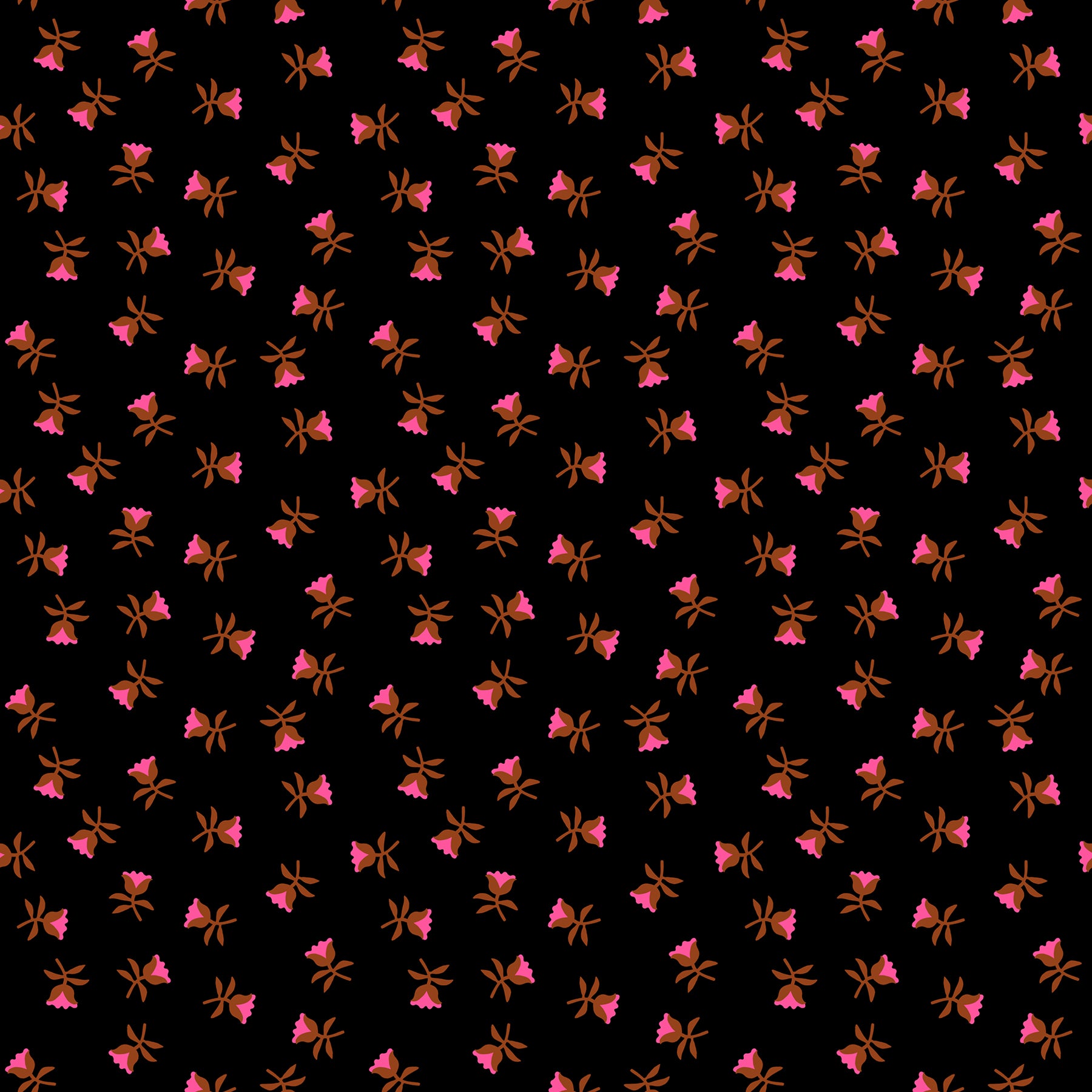 Pattern of pink flowers with brown centers on a black background