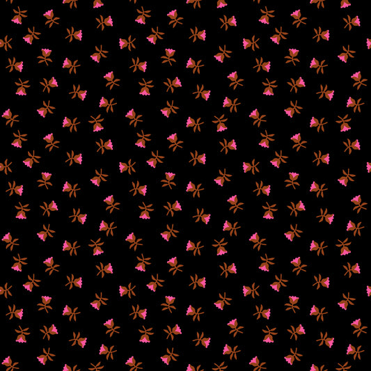 Pattern of pink flowers with brown centers on a black background