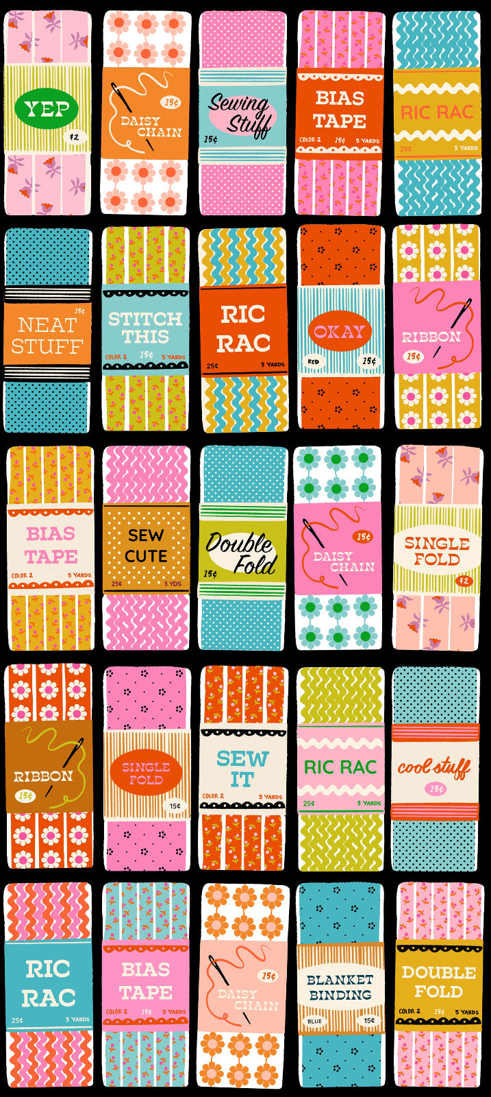 Collection of colorful trim packages on a black background