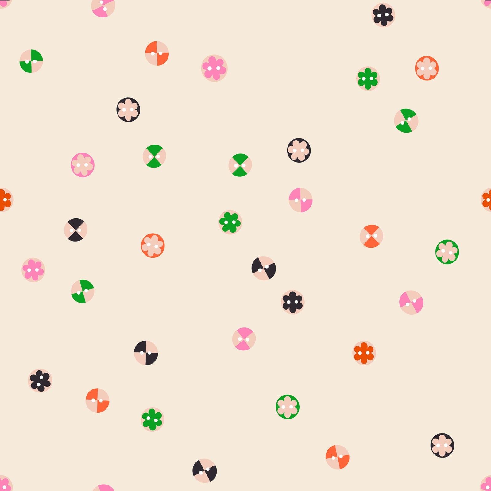 Pattern of colorful buttons shapes on a beige background