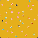 Colorful geometric shaped buttons on a yellow background