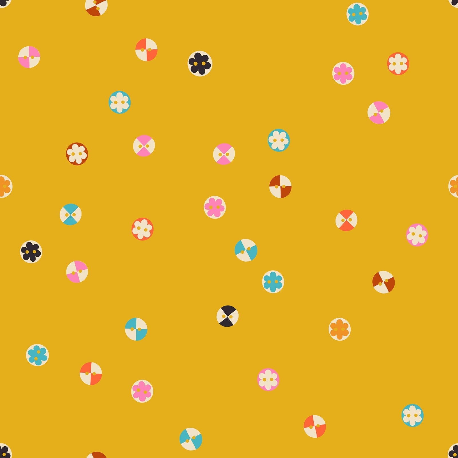 Colorful geometric shaped buttons on a yellow background