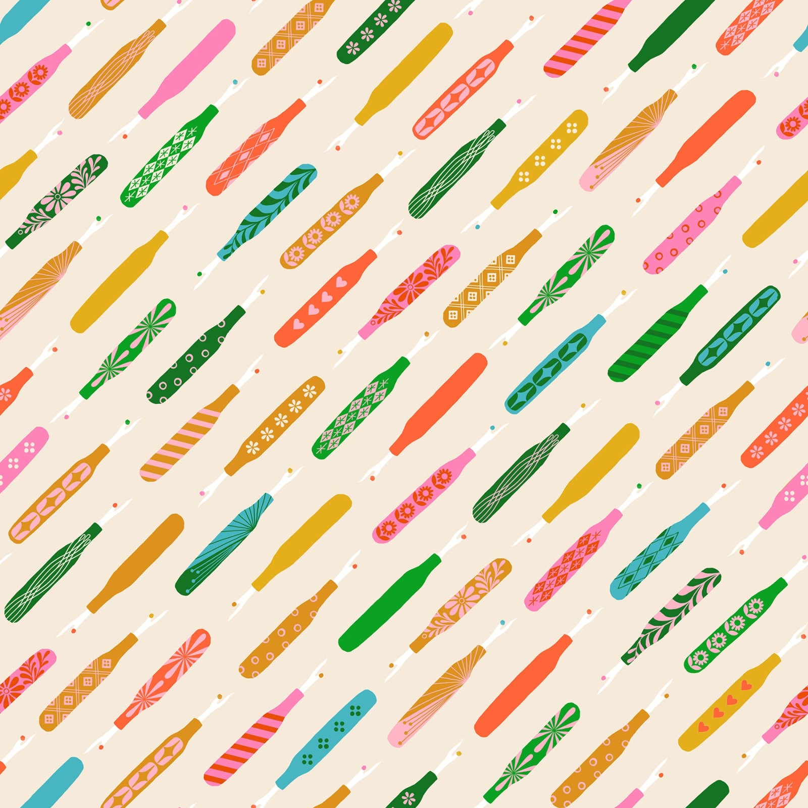 Pattern of colorful seam rippers on a beige background