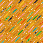 Pattern of colorful seam rippers on a yellow background