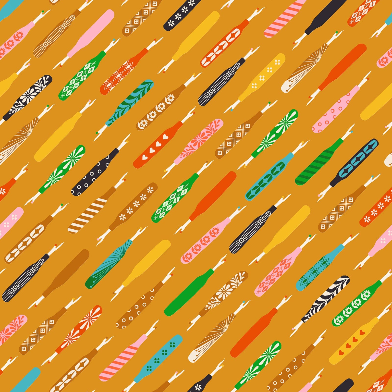 Pattern of colorful seam rippers on a yellow background