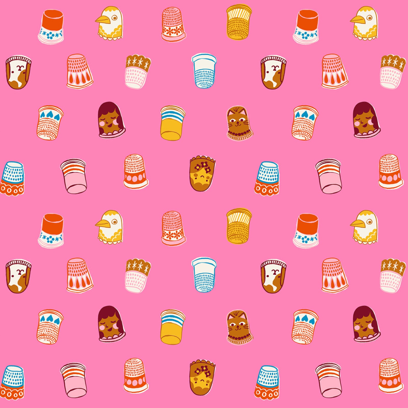 Pattern of different thimbles on a pink background