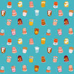 Pattern of colorful thimbles and small figures on a blue background