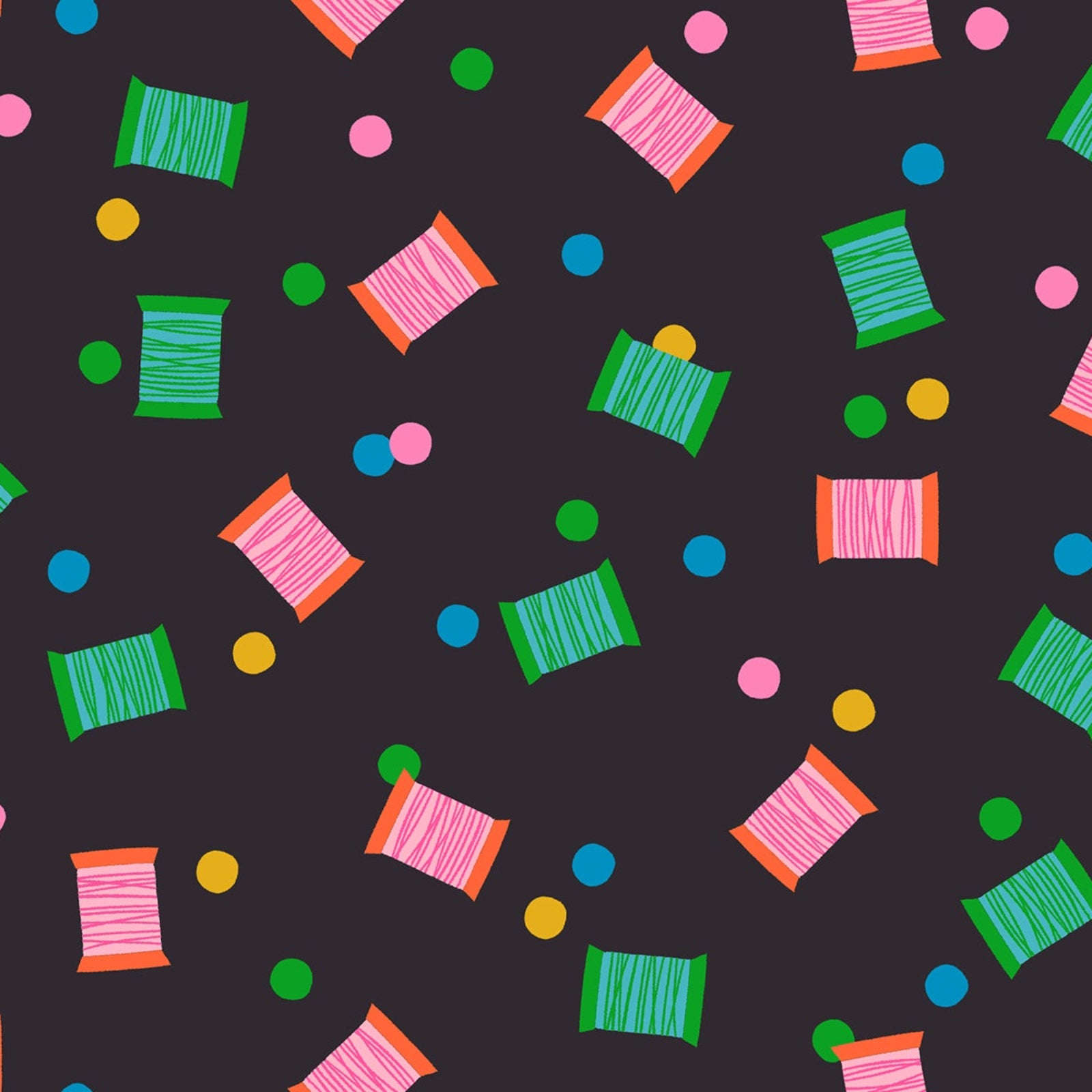 Colorful pattern of spool and polka dots on a dark background