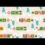Pattern of dogs and colorful geometric shapes on a beige background