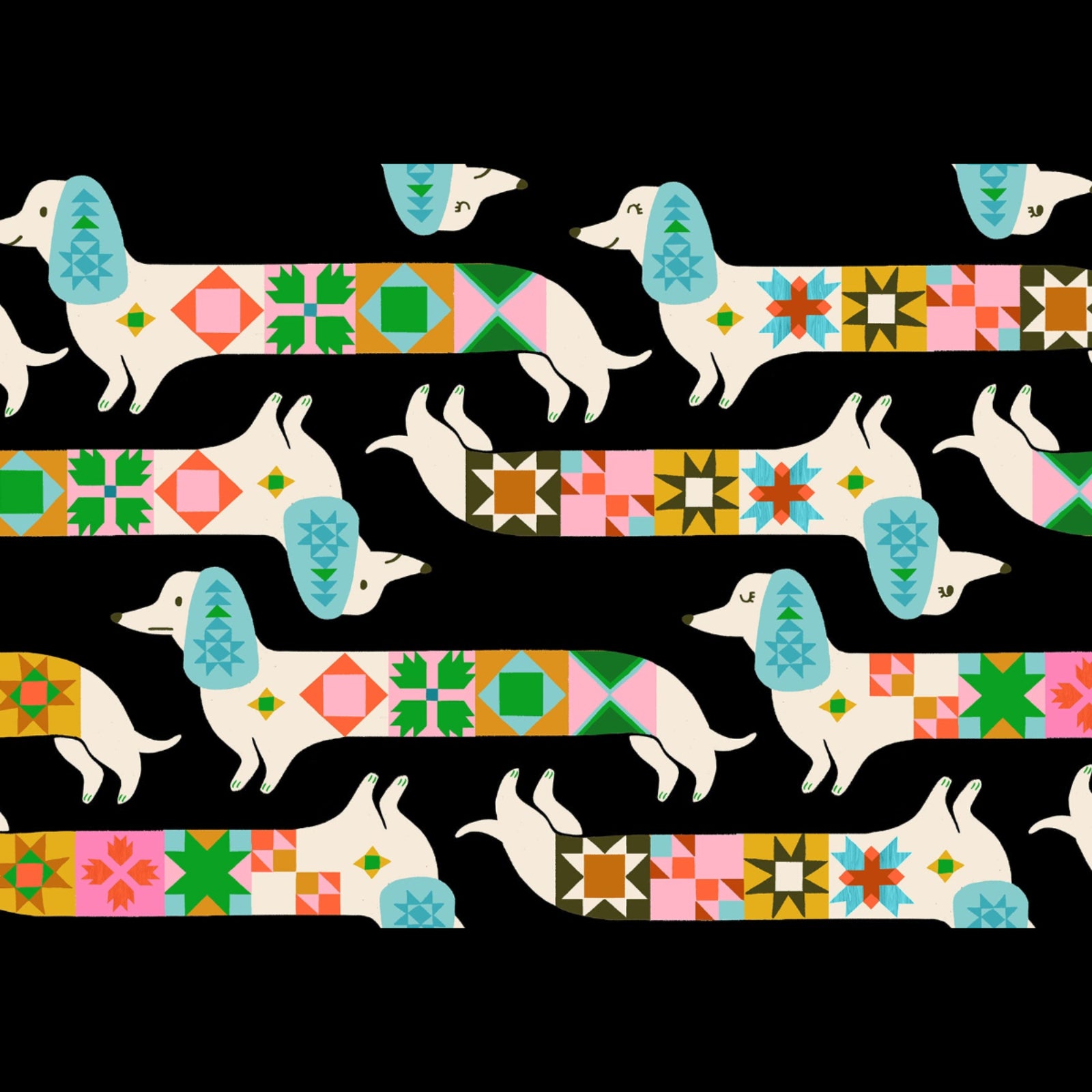 Pattern of dogs with colorful geometric designs on a black background