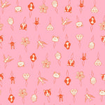 Pattern of small icon needle threaders on a pink background