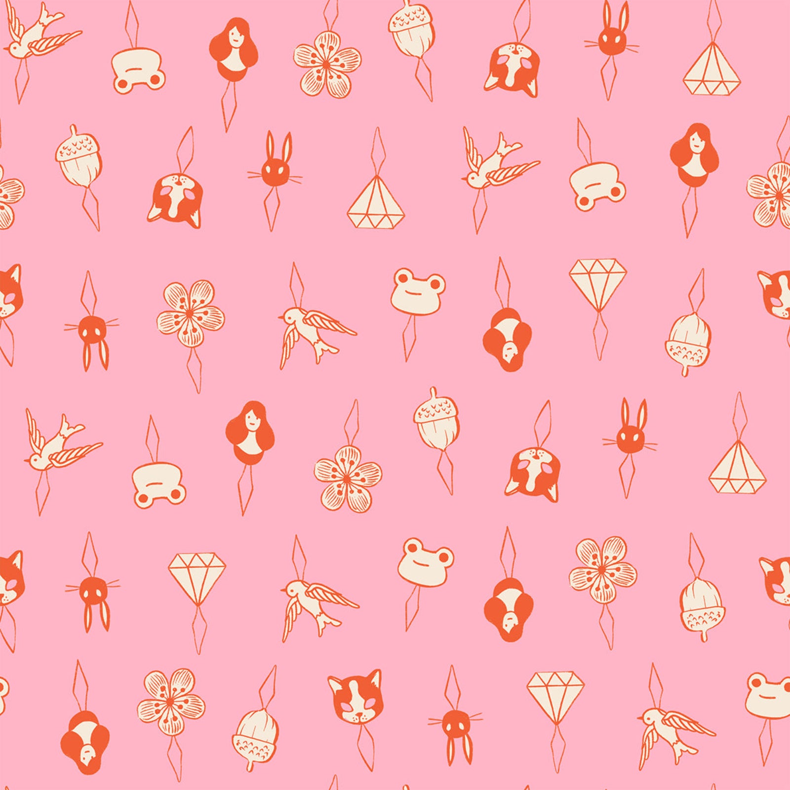 Pattern of small icon needle threaders on a pink background