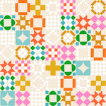 Pattern of colorful geometric shapes on a beige background
