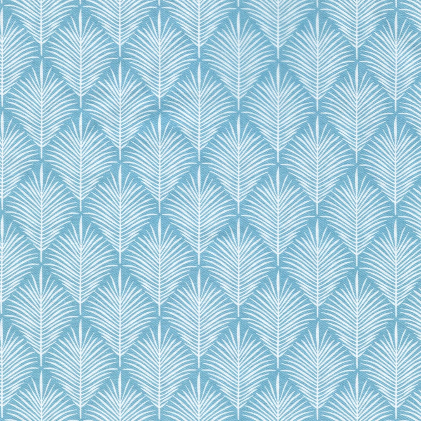 A repeating geometric pattern of stylized palm fronds in white on a light blue background.