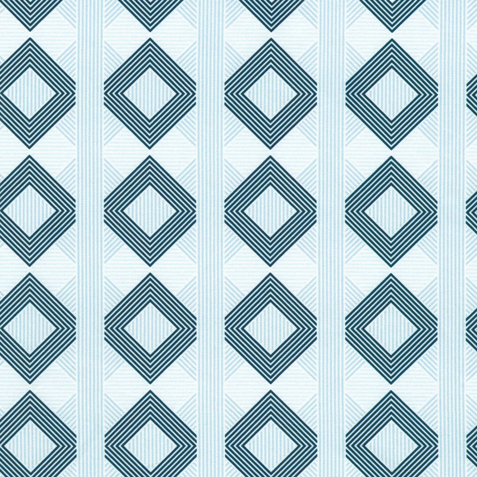 A repeating geometric pattern featuring dark teal concentric diamond outlines with striped interiors, set against a light blue and white striped background.
