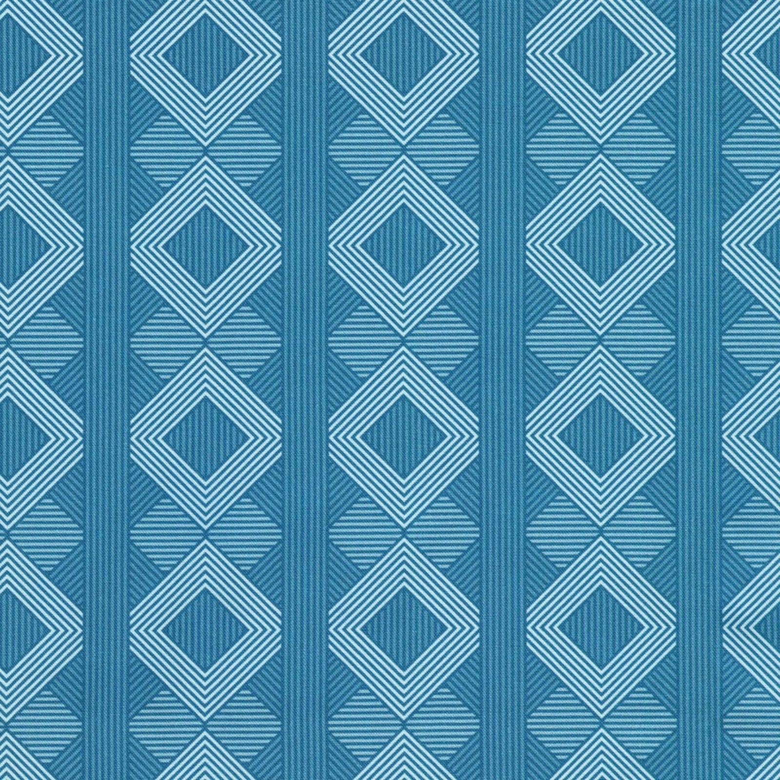 A repeating geometric pattern in shades of blue, featuring vertical stripes and diamond motifs with fine horizontal line details.
