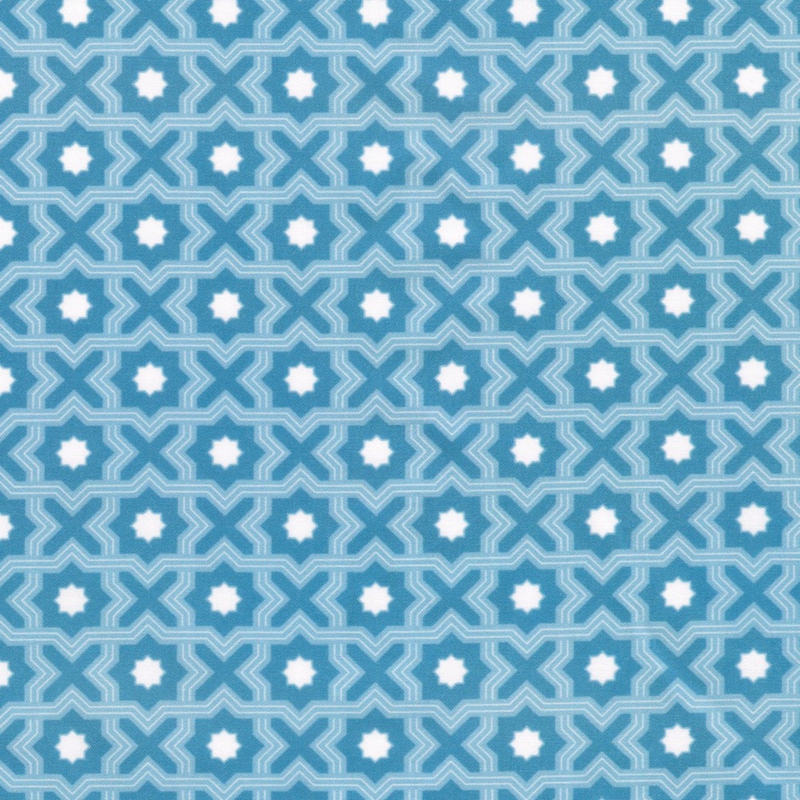 A repeating geometric pattern featuring white six-pointed stars and interlocking star motifs in light blue and medium blue.