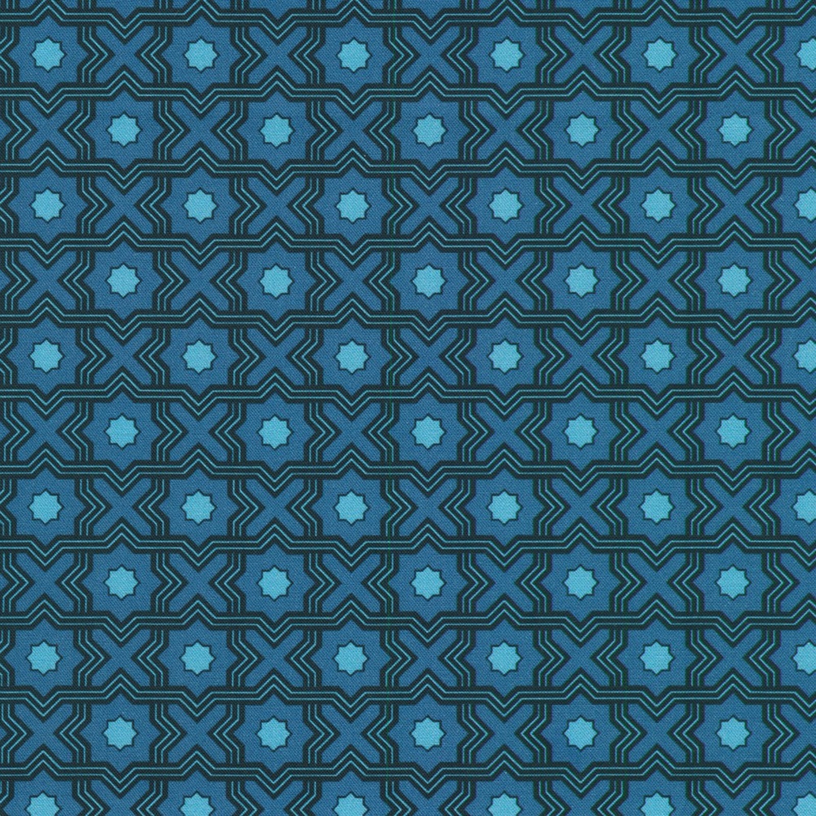 A repeating geometric pattern in shades of blue, featuring dark navy outlines and light blue starburst motifs on a medium blue background.