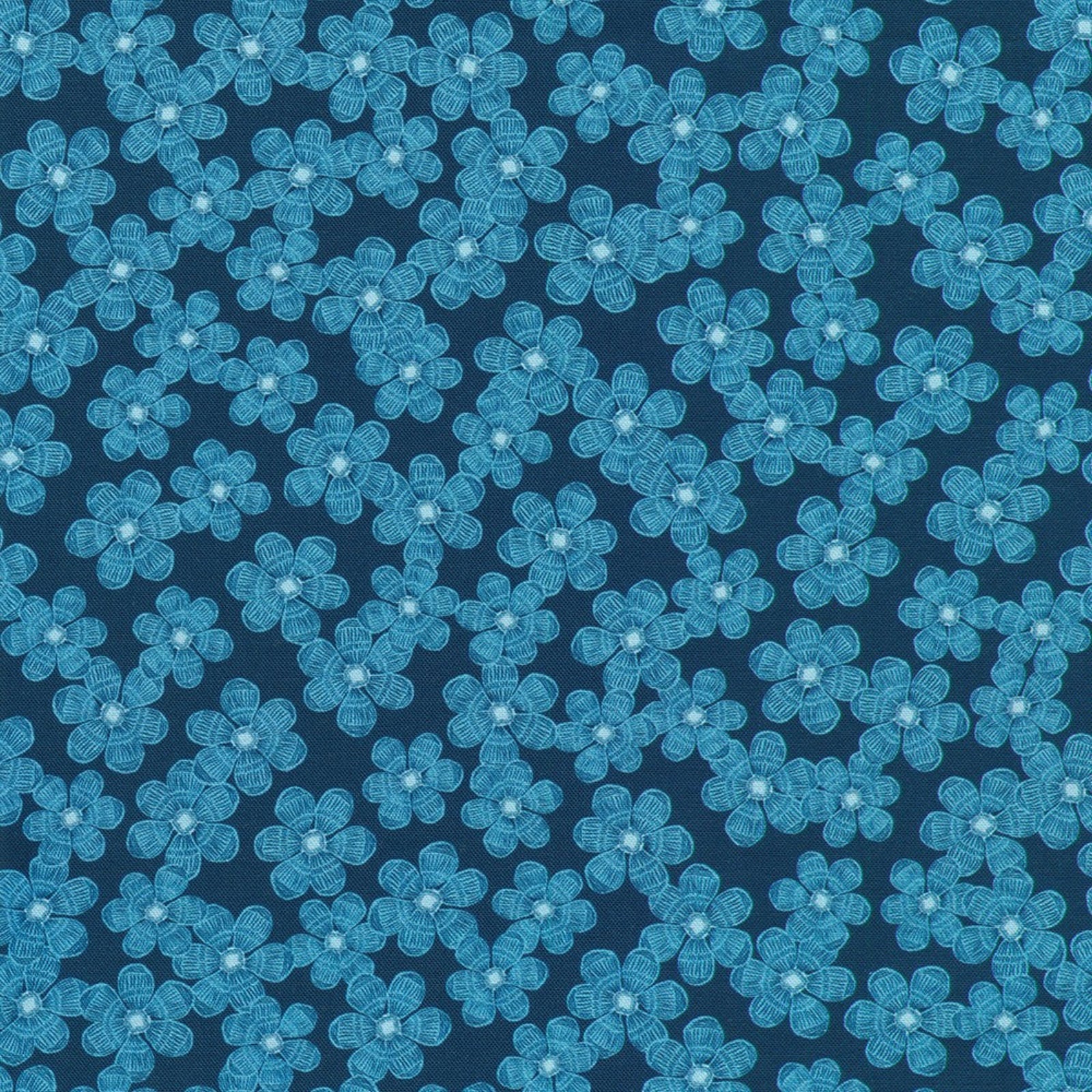 A repeating pattern of small light blue flowers with white centers on a dark navy blue background.