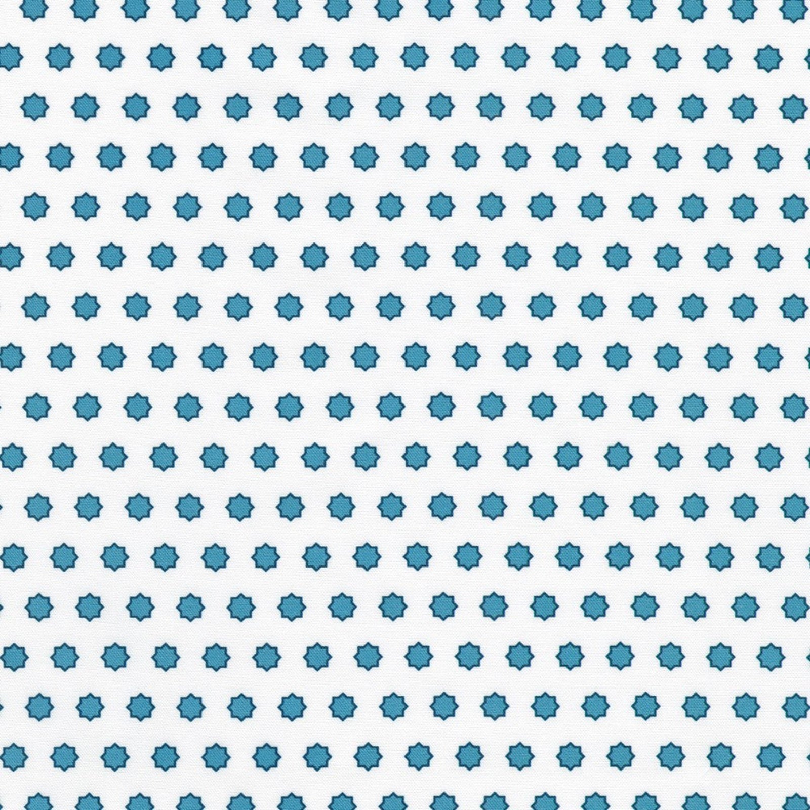 A repeating pattern of small blue starburst or eight-pointed star motifs on a white background.