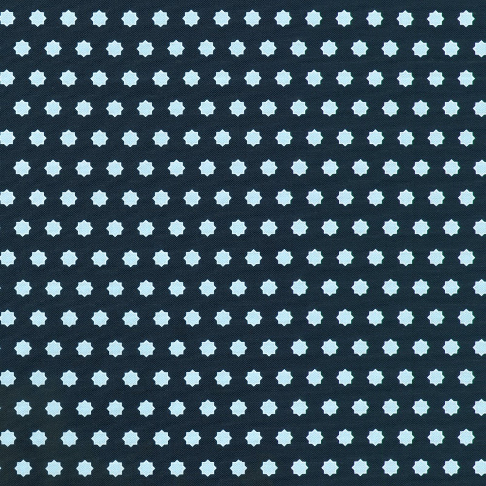 A repeating pattern of small light blue eight-pointed stars on a dark navy blue background.
