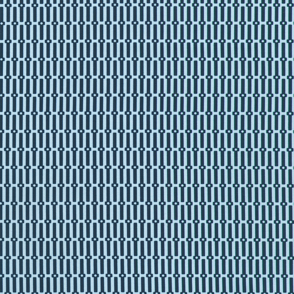 A close-up of a repeating geometric pattern featuring vertical dark blue stripes with small dots at the intersections, set against a light blue background.