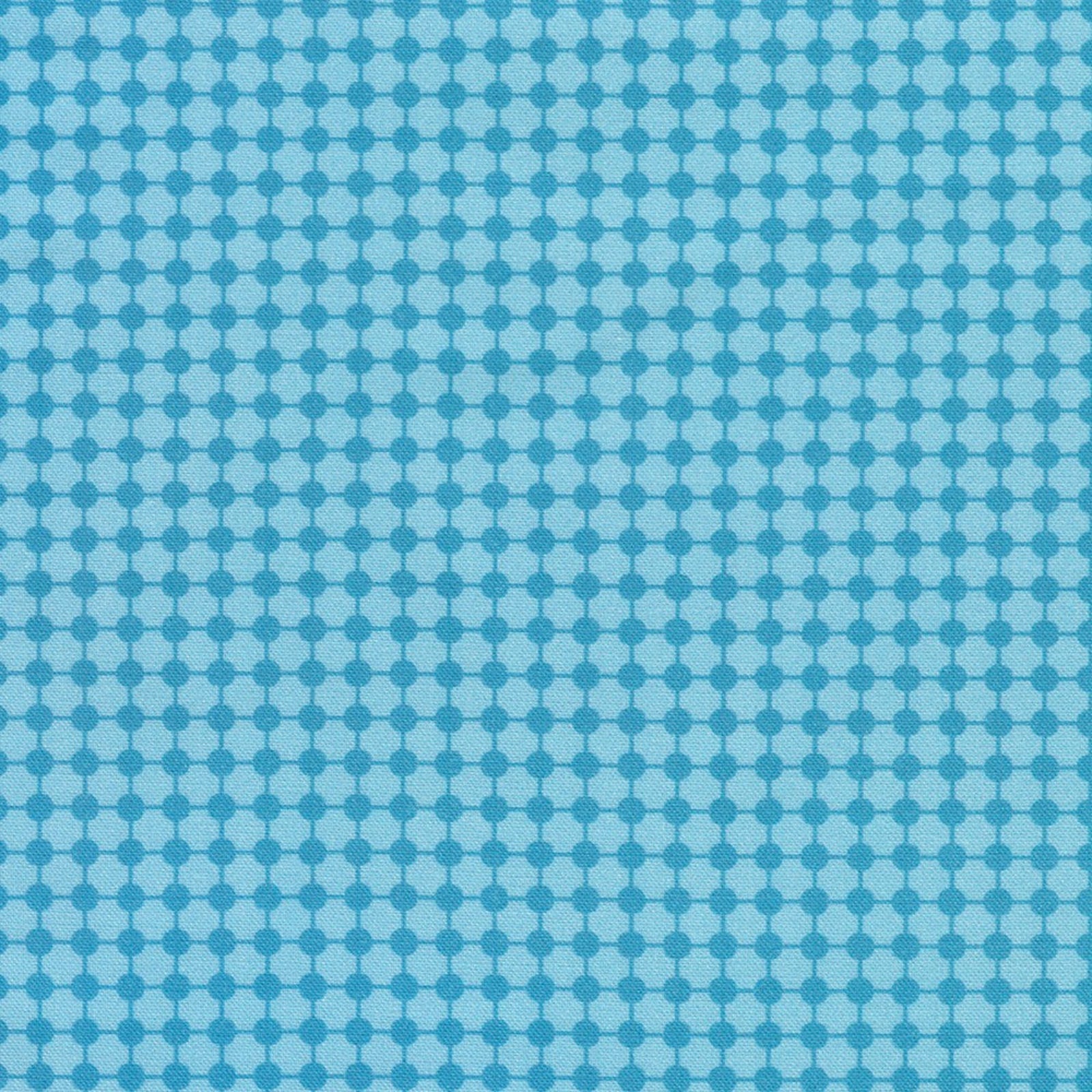 A close-up of a repeating geometric pattern featuring light blue and medium blue hexagonal and circular motifs on a textured background.