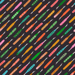 Colorful pattern of variously designed seam rippers on a black background