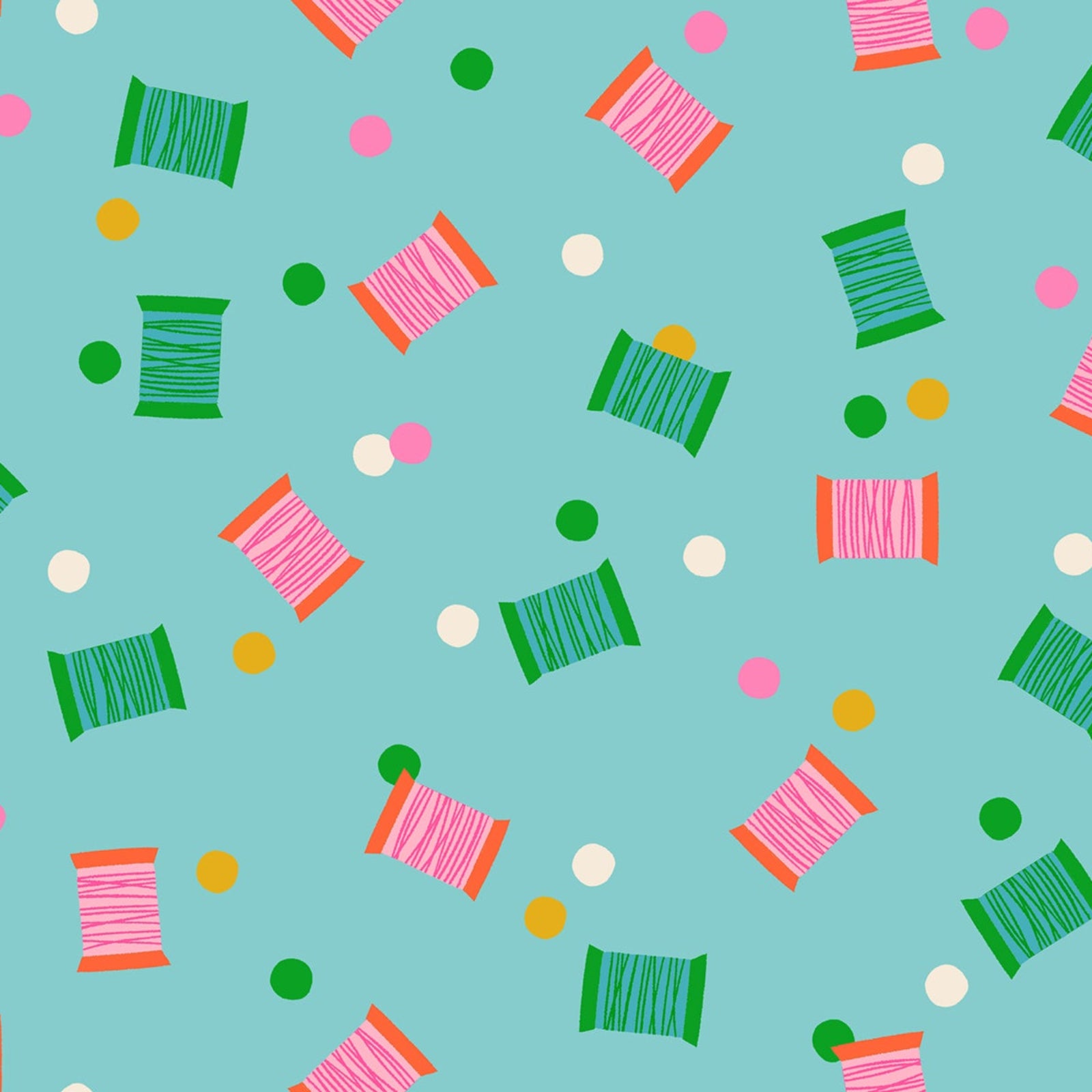 Colorful spools of thread pattern on a blue background