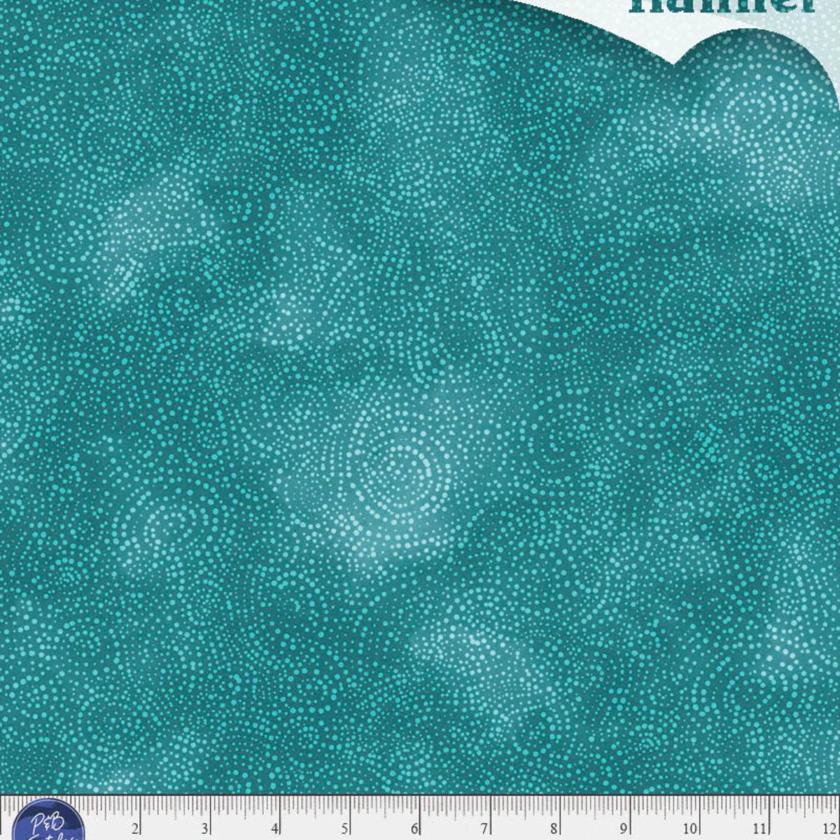 Teal flannel fabric with a small pattern and a ruler at the bottom for scale.