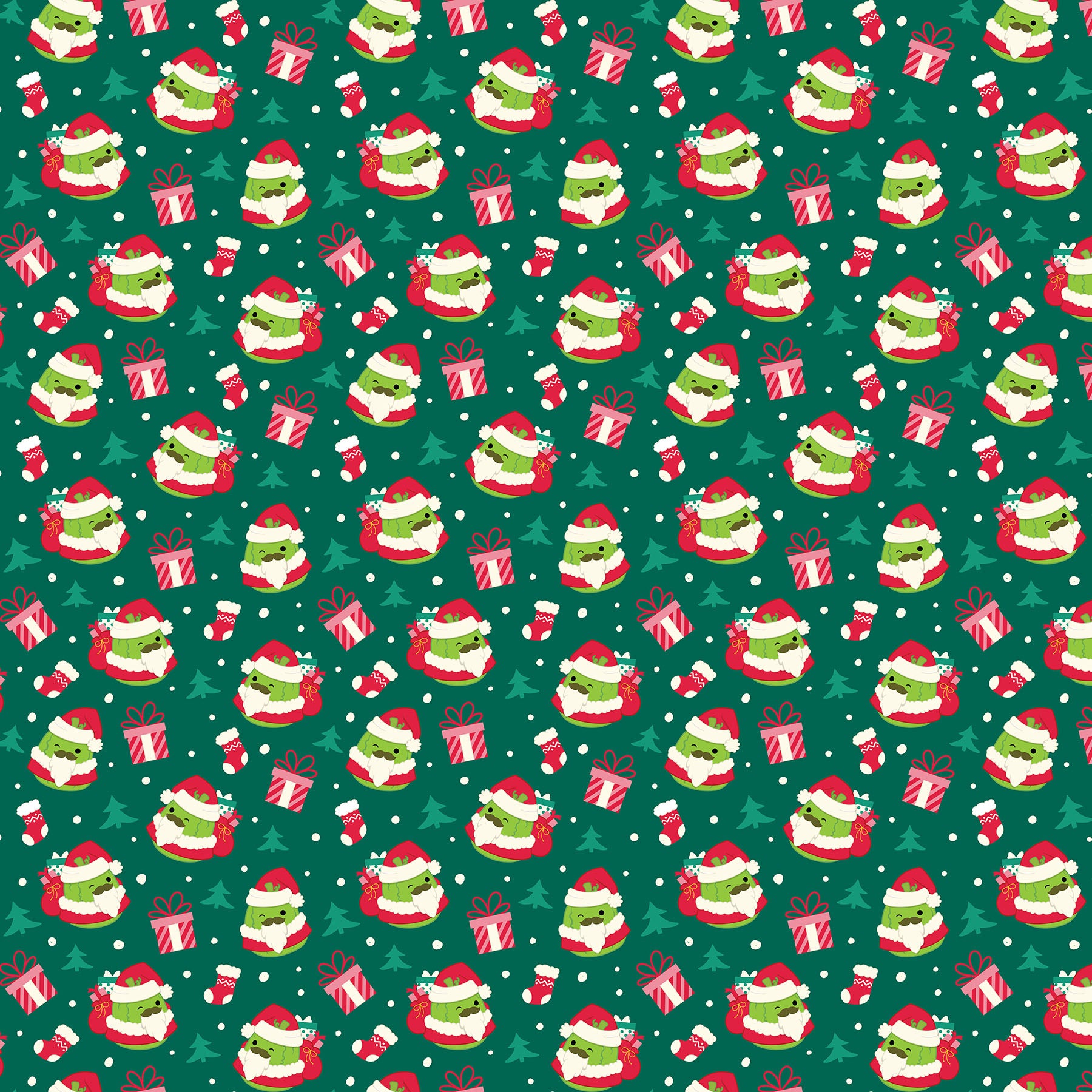 Christmas themed Squishmallow themed fabric with presents, stockings and a Squishmallow dressed up as Santa