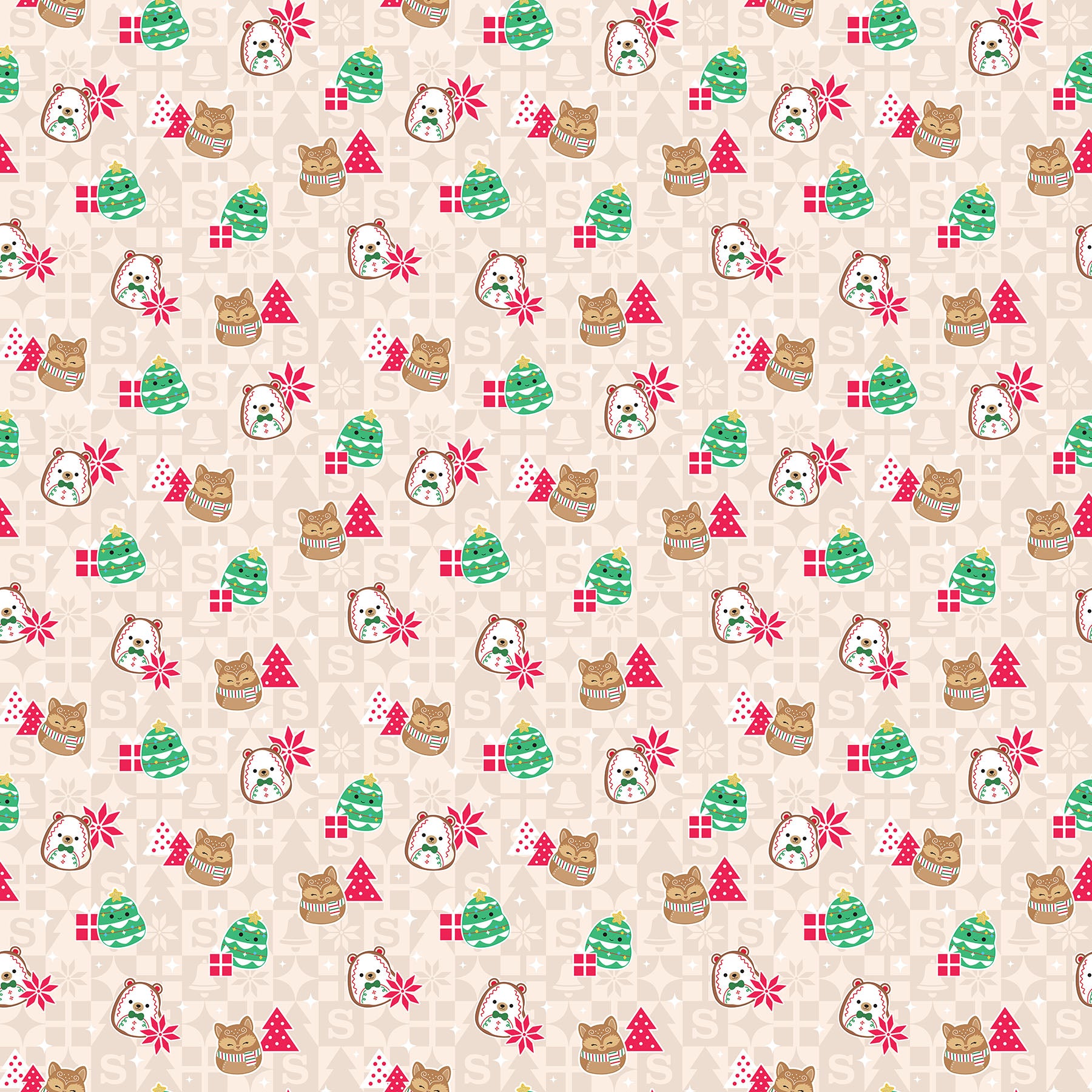 Christmas themed Squishmallow fabric tossed with presents