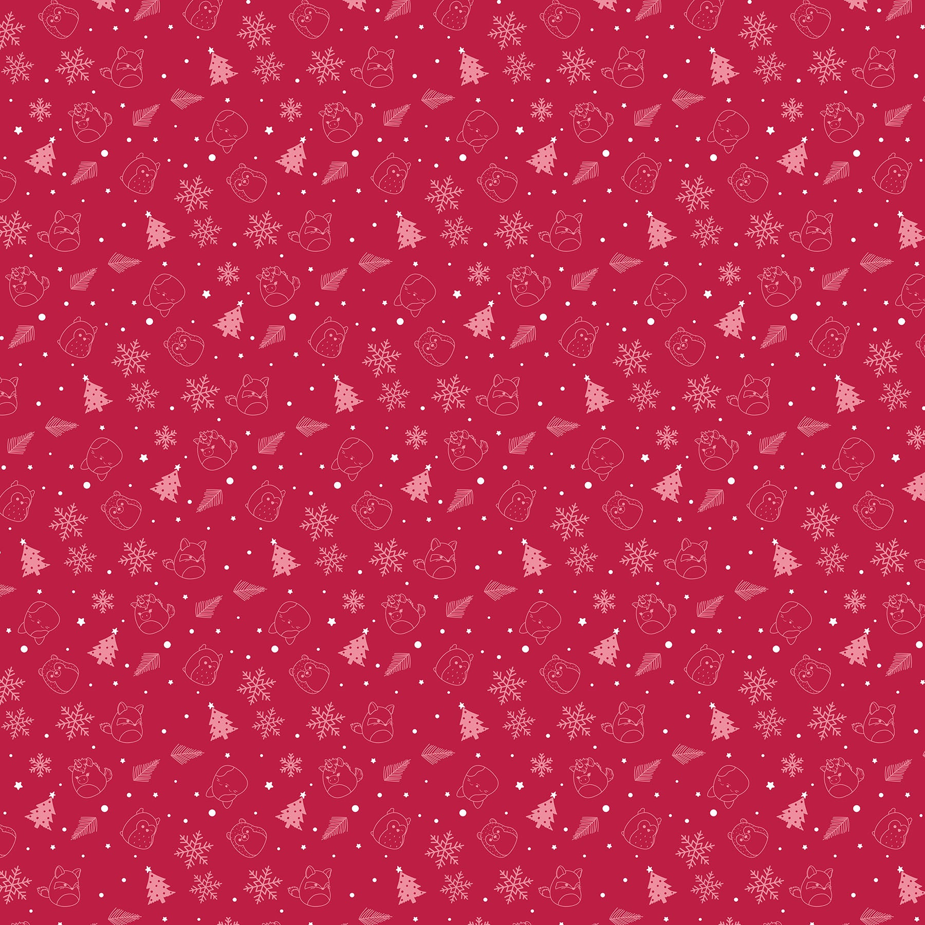 Red background fabric with Christmas themed Squishmallow outlines