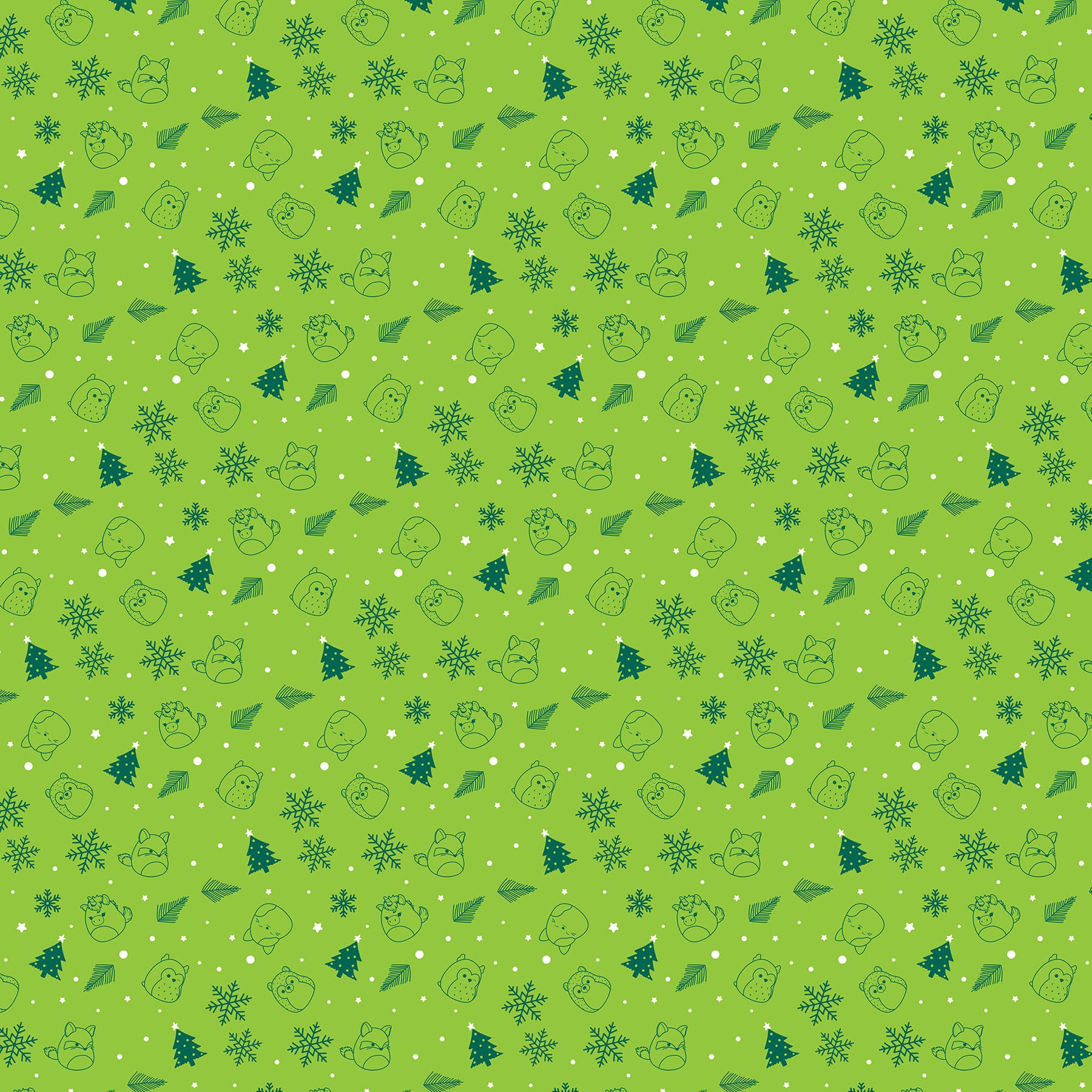 Tossed outlines of Christmas themed Squishmallows  on a green background