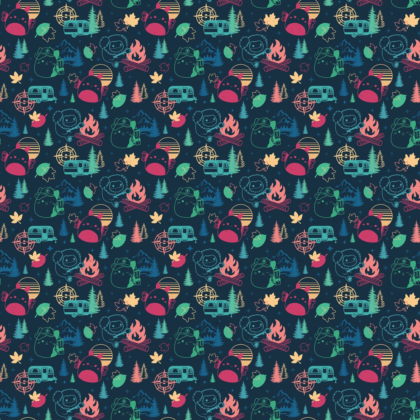 A repeating illustrated pattern on a dark navy background featuring campers, campfires, trees, campfires, stars, and small abstract shapes in teal, pink, yellow, orange, and cream.